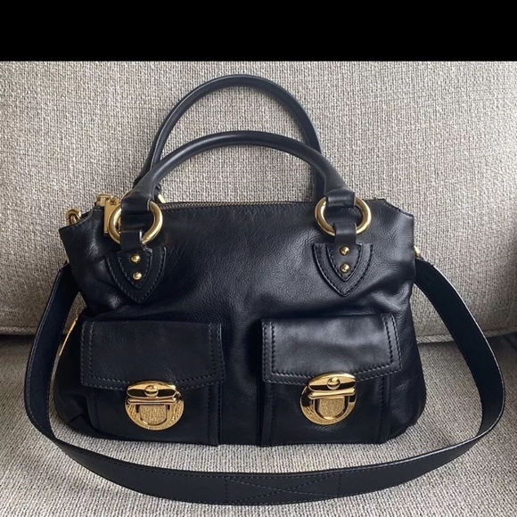 Black Leather Handbag with Gold Accents